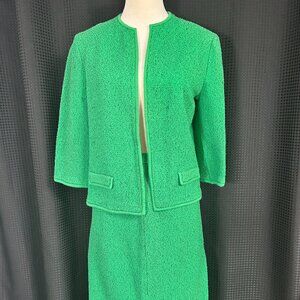Vintage 60s 70s Womens Butter Knit Mod Green Metallic Thread Union Made Suit